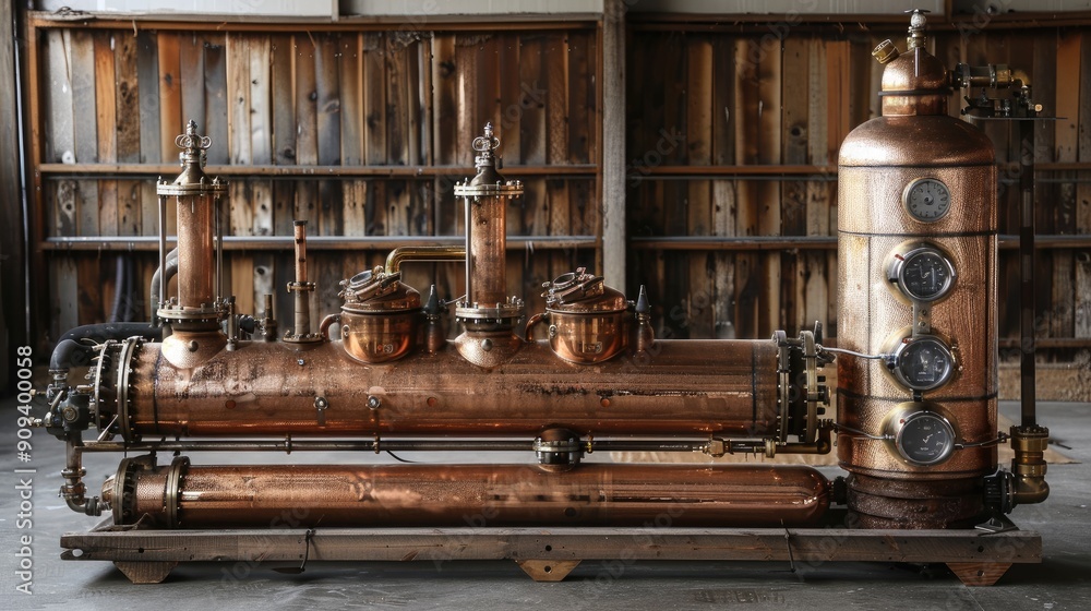 Aufkleber a large copper pipe with four gauges on it. the pipe is in a rustic setting