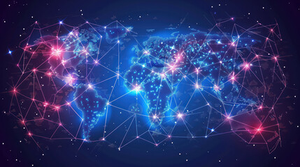 Obraz premium Vector image of a world map with a network of lines and points, representing global business connections