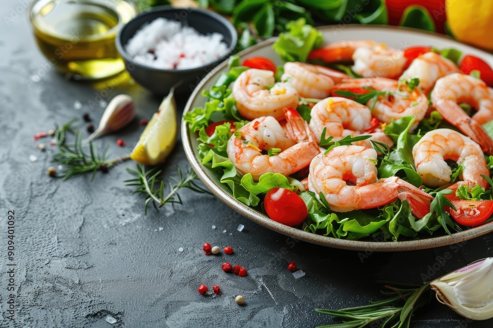 Poster a plate of shrimp and lettuce is on a table with other food items. the shrimp are arranged in a way 