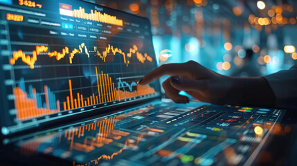 Professional calculating financial data for long-term investments, with AR graphics and positive trends in 2024