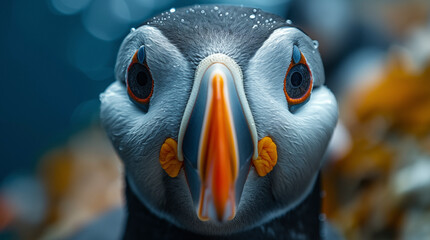 The Atlantic Puffins, members of the auk family, are seabirds also known as Common Puffins. Beautiful extreme close-up.