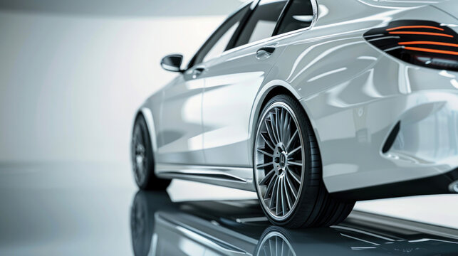 Modern, stylish sedan car in a clean 3D setting, featuring open copy-space for promotional use