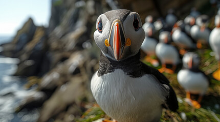 The Atlantic Puffins, members of the auk family, are seabirds also known as Common Puffins. Beautiful extreme close-up.