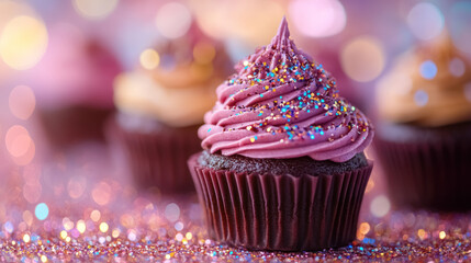 vibrant pink chocolate cupcakes with glittery toppings