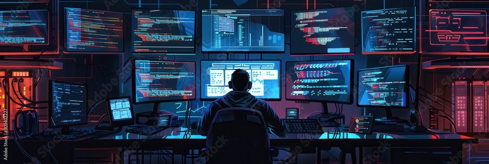Aufkleber A hacker works diligently at a desk, immersed in data on various computer screens in a dark, ambient environment. Generative AI