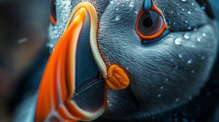 The Atlantic Puffins, members of the auk family, are seabirds also known as Common Puffins. Beautiful extreme close-up.