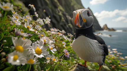 The Atlantic Puffins, members of the auk family, are seabirds also known as Common Puffins. Beautiful extreme close-up.