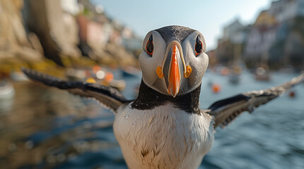 The Atlantic Puffins, members of the auk family, are seabirds also known as Common Puffins. Beautiful extreme close-up.