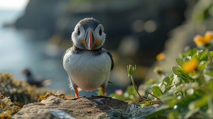 The Atlantic Puffins, members of the auk family, are seabirds also known as Common Puffins. Beautiful extreme close-up.