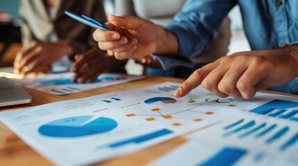 Fototapeta premium Close-up of hands pointing at a marketing analysis report during a real estate business meeting