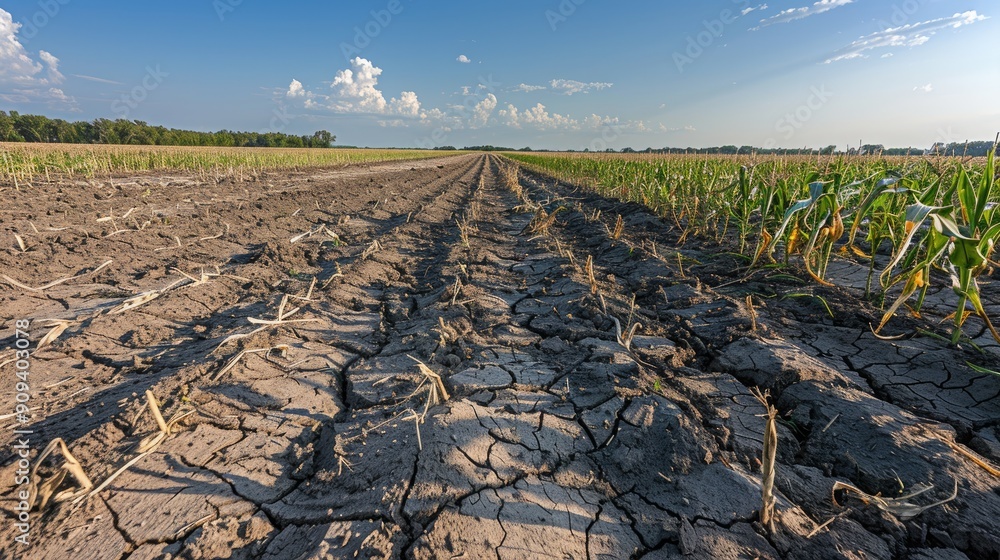 Poster a field of corn is dry and barren. the sky is clear and blue. the field is empty and desolate
