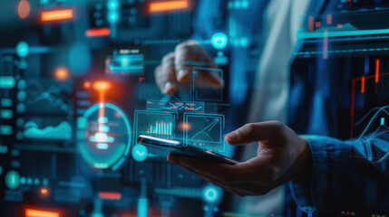 Close-up of a businessman using a smartphone for digital marketing analytics, with futuristic tech visuals