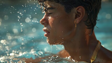 Obraz premium Young man enjoying a refreshing swim, water droplets glistening, exuding a serene and relaxed vibe in an outdoor pool setting.