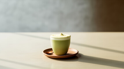 Japanese Matcha Green Tea Foamy Latte in a Glass Cup with Saucer and Spoon on Table Composition, Natural Light and Shadow. Minimal Cafe Interior. Minimalism. Food Photography.
