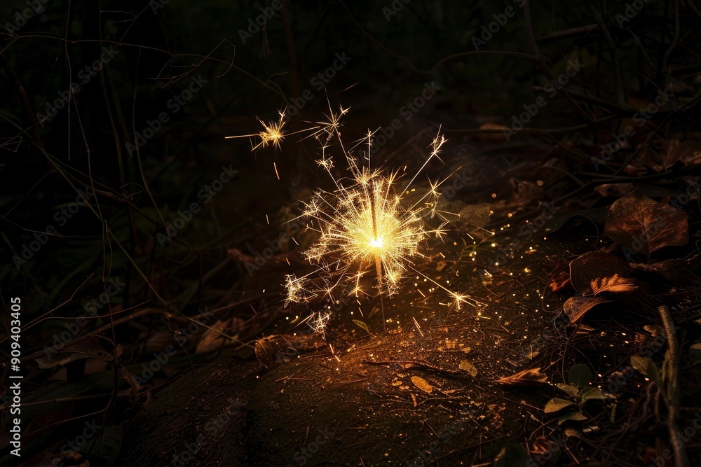 Poster sparkler is burning on the ground, creating a shower of sparks and illuminating the surrounding area