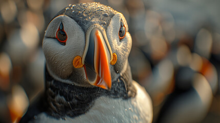 The Atlantic Puffins, members of the auk family, are seabirds also known as Common Puffins. Beautiful extreme close-up.