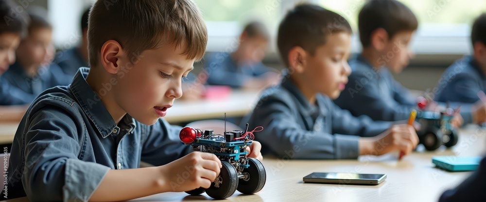 Poster young boy building a robot in class.