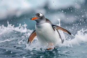 Fototapeta premium A penguin is swimming in the ocean with its wings spread out. The water is splashing around it, creating a sense of movement and energy