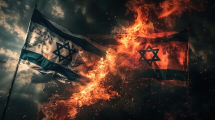 fierce clash of national flags tattered israeli and palestinian banners ablaze symbolizing conflict smoke and embers rise against a stormy sky reflecting the turmoil of geopolitical tensions