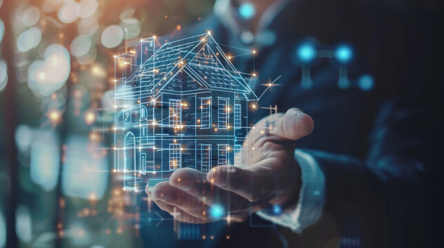 Businessman showing real estate stock data with virtual holograms, focusing on strategic planning and success