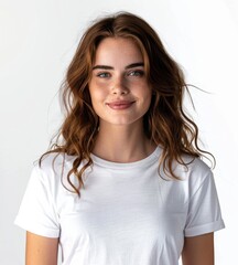 Fototapeta premium Young woman with wavy hair smiling in a white t-shirt against a bright background.