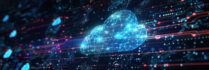Close-up of a digital interface showing data processing, cloud computing, and global business network connections