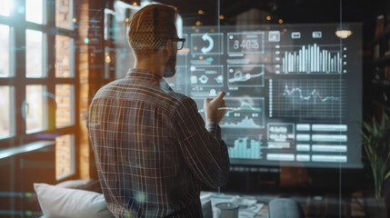 Businessman analyzing company profitability using augmented reality graphics with positive indicators in 2024, in a modern office setting