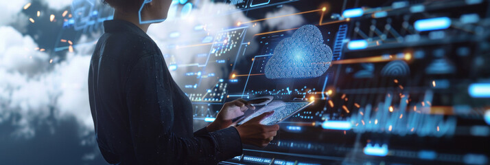 Business professional analyzing a global business network on a digital interface, with data exchange visuals and cloud computing elements