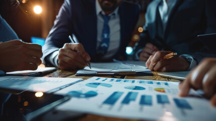 Business meeting with real estate brokers and startup founders reviewing a marketing presentation, close-up shot