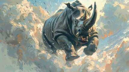 A painting of a gallant rhinoceros running during a snowy storm. A painting of a raging rhinoceros.