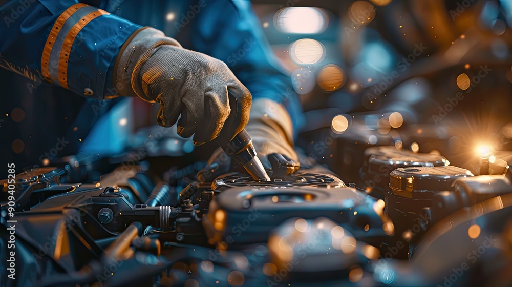 Poster a mechanic is working on a car engine. concept of precision and expertise as the mechanic carefully 