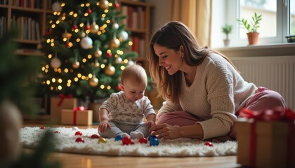 Obraz premium Mother and Baby Playing with Christmas Ornaments.