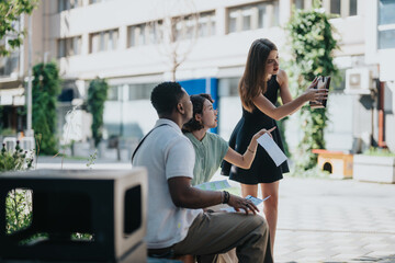 Obraz premium Multicultural businesspeople having an outdoor meeting in the city. Mixed race team discussing business ideas in an outdoor setting.
