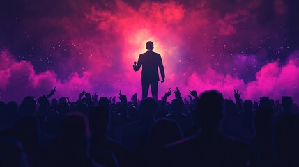 Fototapeta premium Silhouette of a confident businessman on stage addressing a cheering crowd with vibrant pink and purple smoky background, concept for public speaking, motivational event and leadership presentation