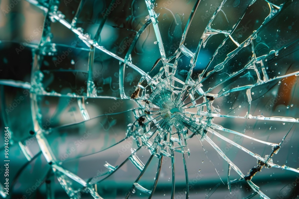 Poster broken glass is reflecting light and showing an abstract pattern of cracks and shards