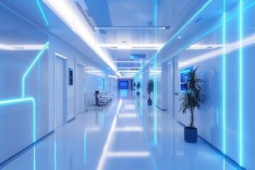 futuristic hospital corridor with holographic medical displays soft blue lighting sleek design advanced medical technology visible