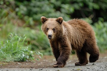 Obraz premium Young brown bear cub walking on a gravel path with green forest in the background