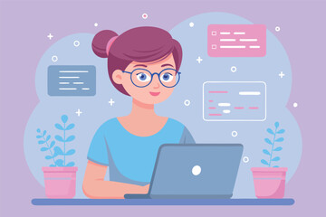 Young woman with laptop. Remote work, freelance concept for banner or landing web page