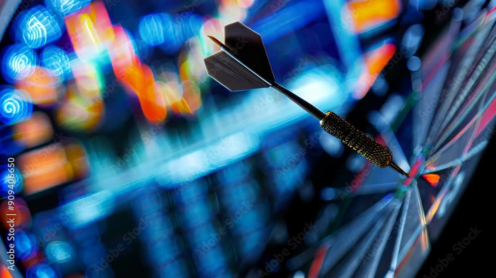 Poster close-up of dart stuck on target with stock market background