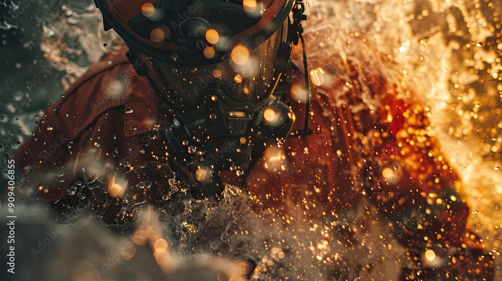 Poster a man in a red suit is in the water, surrounded by splashes and bubbles. the scene is dynamic and en