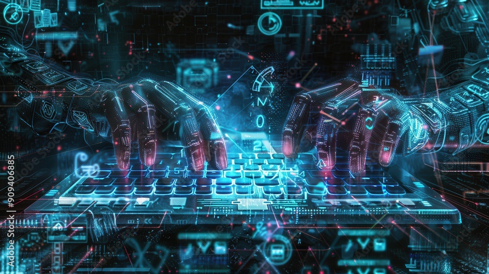 Poster a hacker's hands move quickly over a keyboard, surrounded by glowing digital symbols and codes, embo