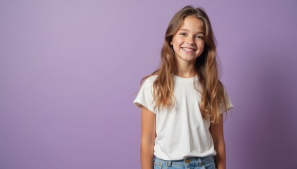 Obraz premium Happy Young Girl Smiling in White T-Shirt Against Purple Background.