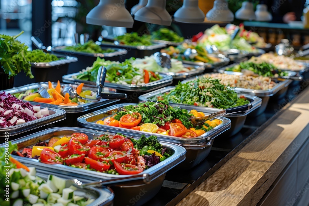Poster a buffet table with many different types of food, including a large tray of tomatoes. the table is s