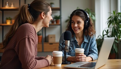 Two Women Talking on Podcast.