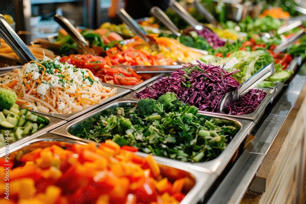 Poster a large salad bar with many different types of vegetables. the salad bar is set up for people to cho