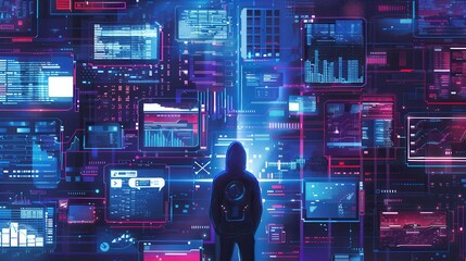 A hacker stands in a dark space, analyzing data displayed on numerous brightly lit screens, immersed in a digital realm. Generative AI