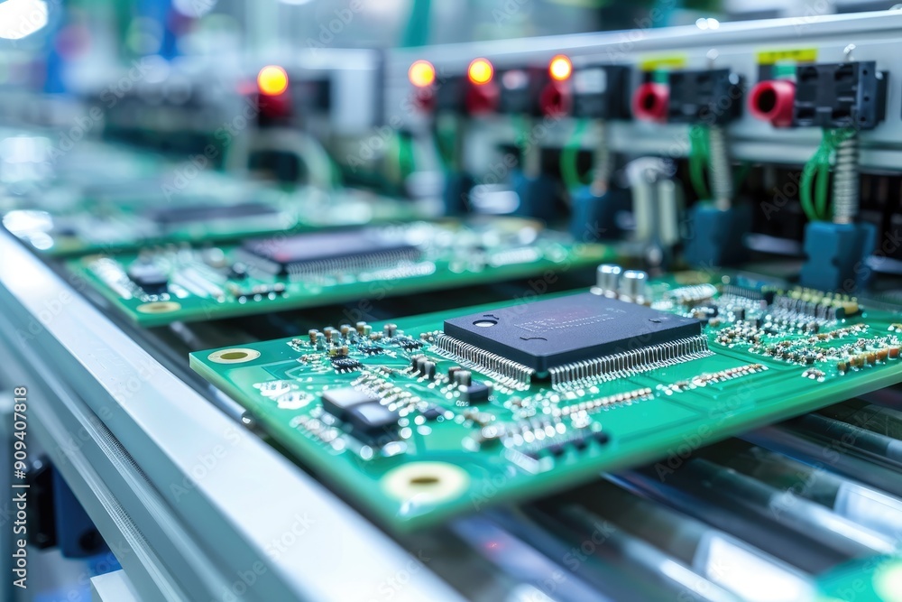 Poster a green computer chip is being manufactured on a conveyor belt. the conveyor belt is lined with a me