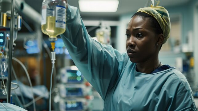 African American female nurse in scrubs adjusting an IV drip in a hospital setting. - Powered by Adobe