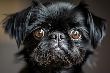 Adorable black puppy dog with shiny brown eyes is making a funny face