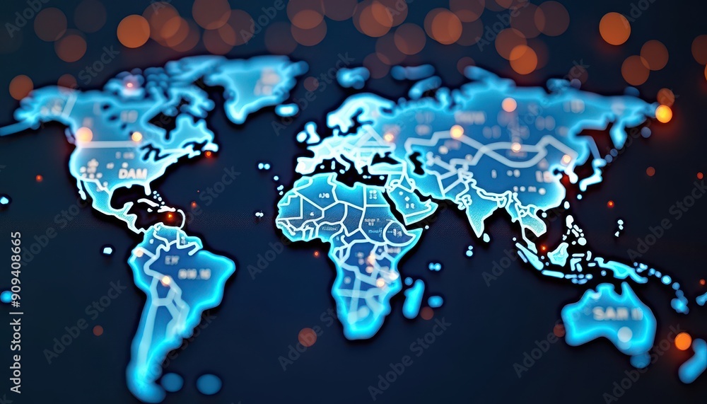 Poster glowing world map with bokeh lights.